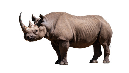 Obraz premium Isolated black rhinoceros standing, powerful horned mammal with strong thick skin