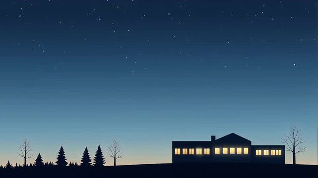 Cozy house under starry night sky with warm glowing windows
