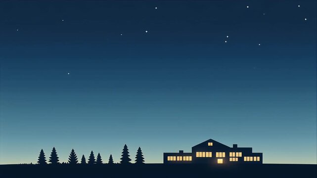 Cozy house with warm lights under starry night sky and pine trees