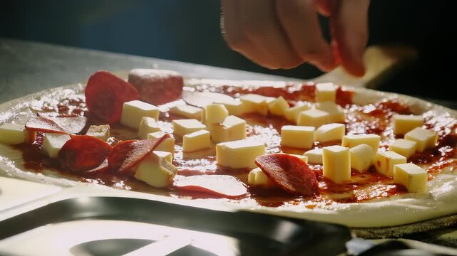 Salami slice land on tomato sauce near cheese cubes. Chef drops slice from fingertips nudging topping into gaps near crust at kitchen
