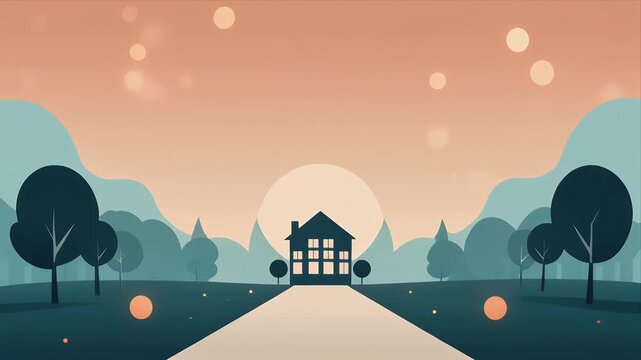 Serene landscape with house on a peaceful road at sunset