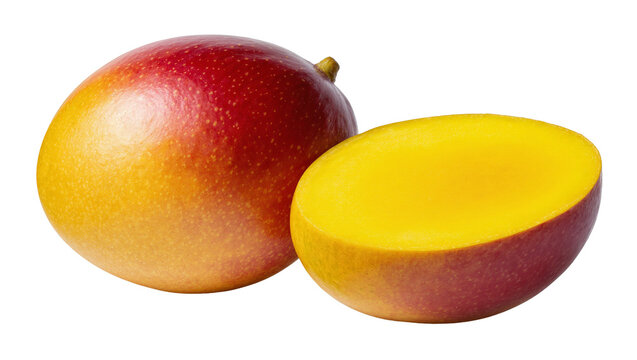 Isolated whole fresh mango and a cut half showing vibrant red and yellow skin, juicy flesh