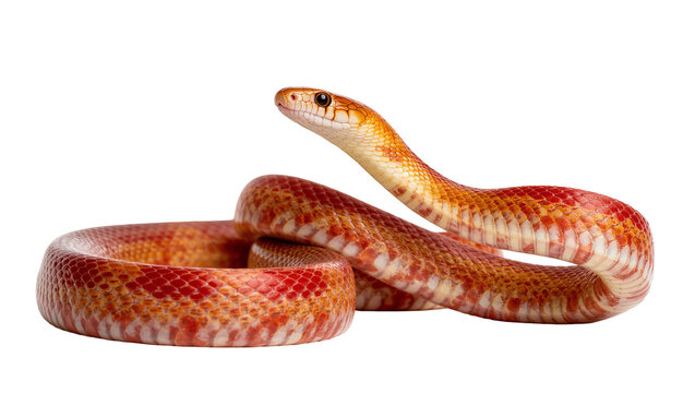 Isolated vibrant red and orange Corn Snake with unique patterned scales, head raised