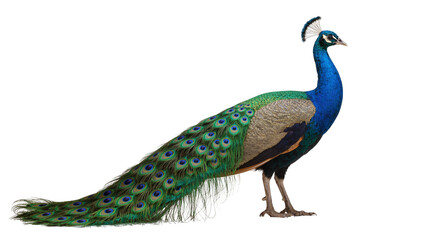 Fototapeta premium Isolated magnificent colorful male peacock with long iridescent tail feathers standing