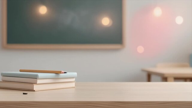Empty classroom with books and pencil on wooden desk