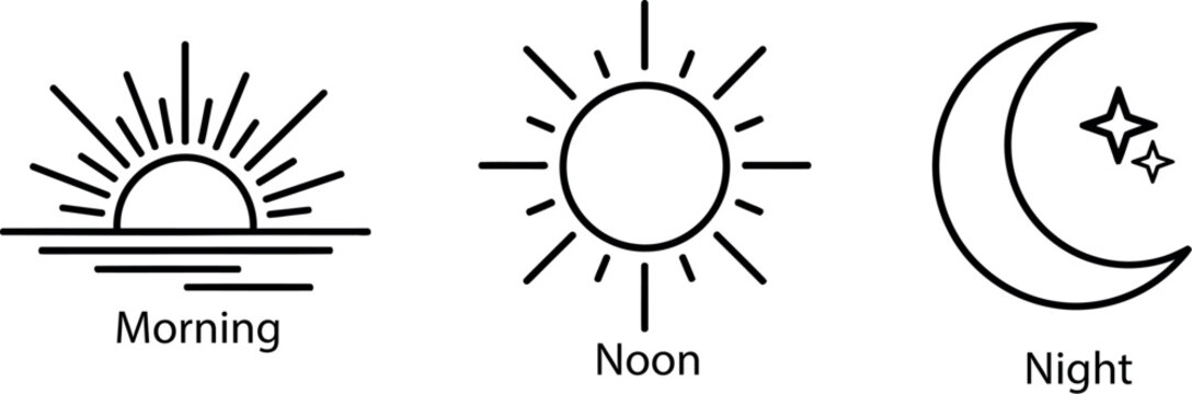 Set of time of day icons representing morning sunrise, noon sun, and night moon with stars in line art style