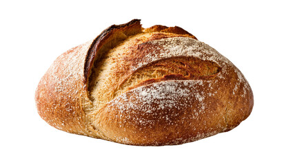 Isolated fresh rustic sourdough artisan bread loaf with a crispy golden crust dusted with flour