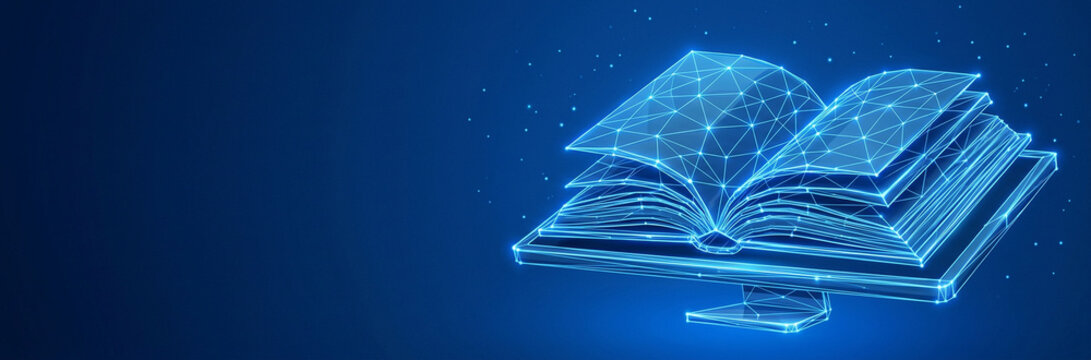A glowing blue wireframe open book emerging from a digital platform, symbolizing online education, digital knowledge, and futuristic learning technology on a dark blue background