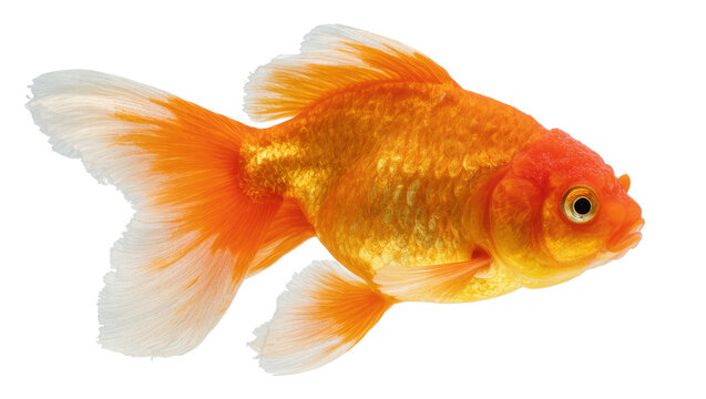 Isolated stunning vibrant orange and white goldfish with elegant flowing fins, side view portrait