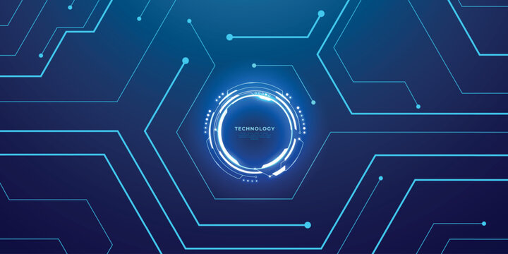 Futuristic circular portal with luminous circuit patterns radiating on digital tech backdrop. Blue neon frame featuring HUD interface, cyber elements, and electronic board aesthetics.