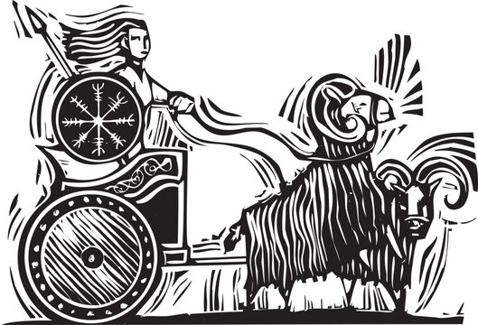 Woodcut style image of the Norse Goddess Frigg riding her goat drawn chariot