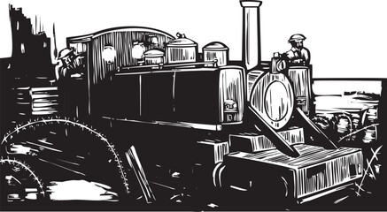 Woodcut style image of a WW1 light rail train running by the trenches at the front. © xunantunich