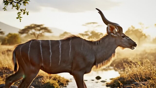 Majestic Kudu Antelope Grazing in African Savannah at Golden Hour