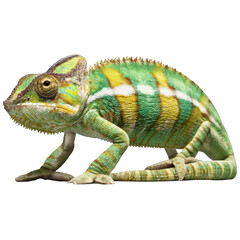 Obraz premium Colorful chameleon with green, yellow, and brown stripes isolated PNG with Transparent Background
