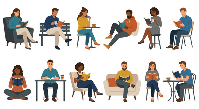 Diverse people engaging in reading activity indoors in various comfortable settings