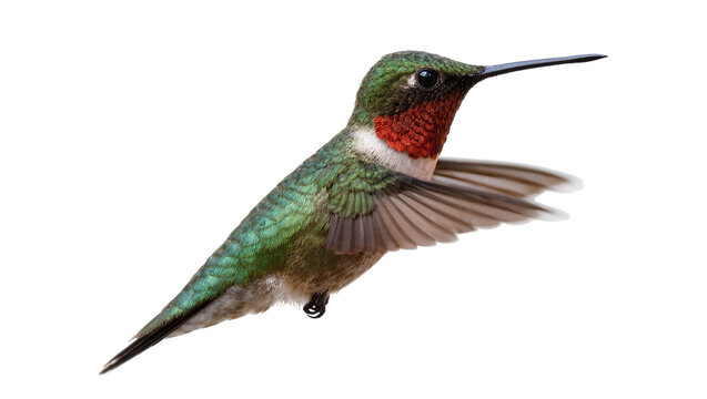Isolated colorful Ruby-throated Hummingbird in mid-flight with shimmering feathers
