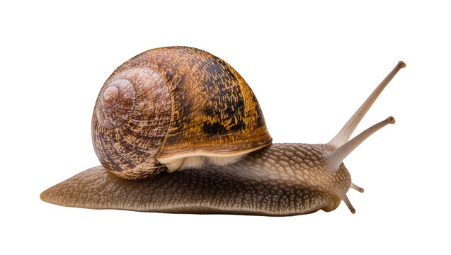 Isolated close-up of a garden snail with spiral shell and eye stalks moving slowly