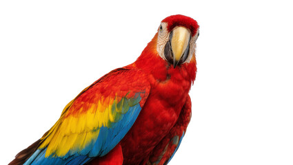 Fototapeta premium Isolated vibrant scarlet macaw with colorful feathers looking directly, beautiful tropical bird