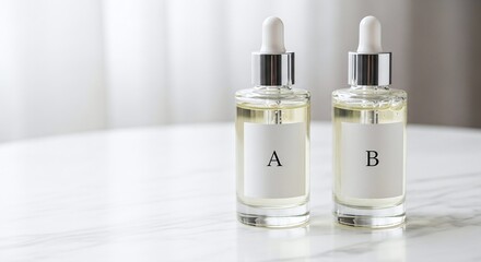 Naklejka premium Two Skincare Bottles Labeled A and B on Marble Table Cosmetic Comparison Concept