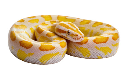 Obraz premium Isolated albino python with striking yellow and white patterns, exotic coiled pet reptile