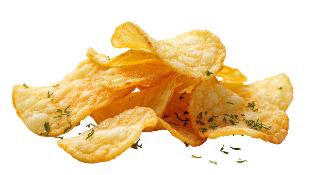 Isolated golden fried potato crisps with delicious seasoning for a tasty snack.