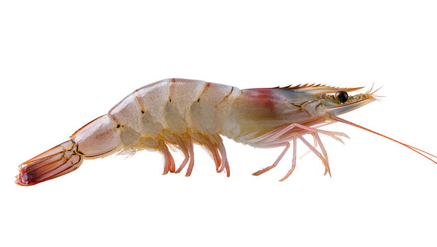 Isolated fresh raw uncooked shrimp or prawn with translucent shell body and long antennae