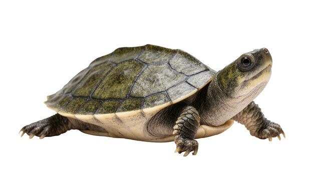 Isolated view of a freshwater turtle walking, showcasing its unique shell and scaly skin