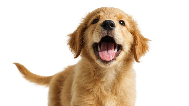 Isolated playful Golden Retriever puppy, mouth open and tongue out, looking at the camera