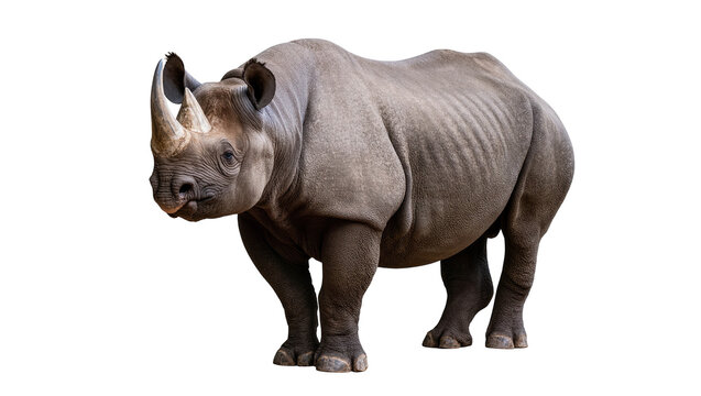 Isolated black rhinoceros standing, showcasing its impressive horns and powerful thick skin