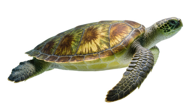 Isolated beautiful green sea turtle showcasing vibrant shell textures and graceful flippers
