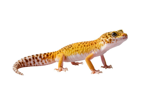 Isolated Leopard Gecko Eublepharis macularius standing, vibrant spotted skin texture, pet reptile