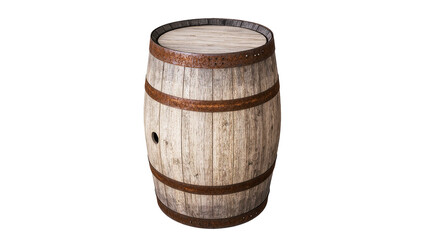 Naklejka premium Isolated rustic wooden barrel for aging wine or whiskey, vintage oak cask storage container