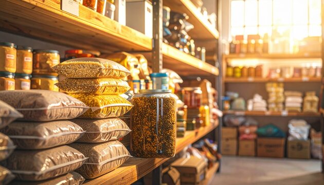 Meticulously organized stacks of durable, long-lasting food supplies, like grains and beans, neatly arranged on rustic wooden shelves within a sunlit pantry.