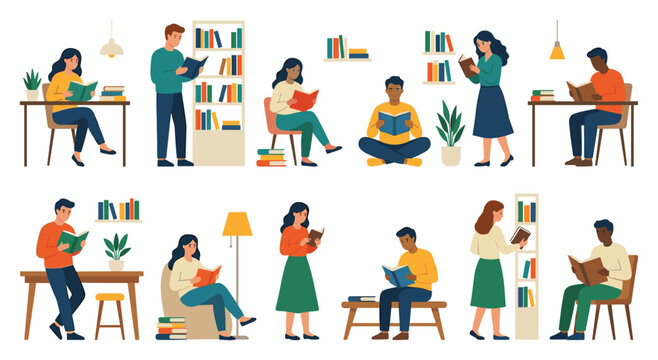 People reading books in a library or study setting, focusing on education