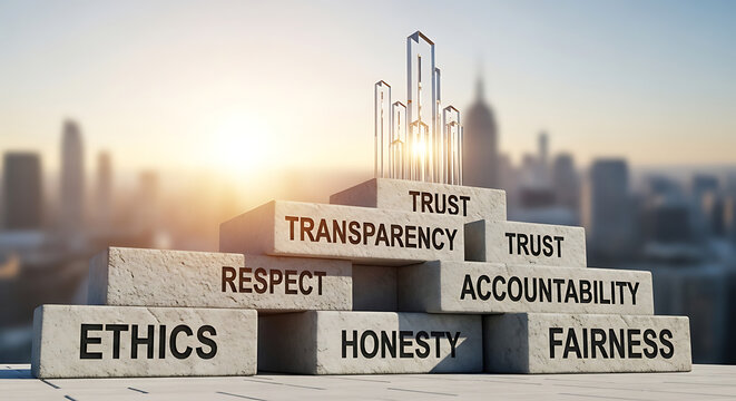 Professional business integrity foundation core built on ethics transparency trust respect honesty accountability and organizational values within corporate environment conceptual background