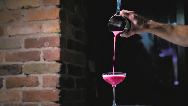 A close-up shot of a bartender pouring a vibrant pink cocktail from a shaker into a glass, capturing the art of drink mixing in a stylish bar setting.