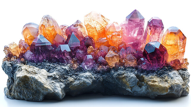 Artistic scientific rendering of gem formation inside metamorphic rocks with pressure indicators white background 