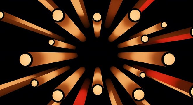 Abstract composition of glowing orange pipes emerging from darkness. Energy flow and industrial technology. Many lit tubes radiating from a central black space in a symmetrical pattern