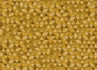3D rendering of ornate gold triangular tessellation pattern with engraved metallic texture