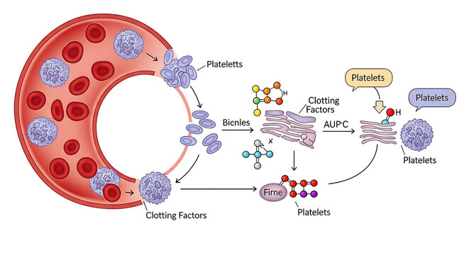Detailed medical illustration of the blood clotting cascade showing primary platelet plug formation secondary coagulation sequence and fibrin mesh network for hematology science education