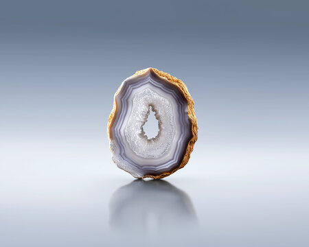 Vertical Agate Geode Slice with Crystal Core on Gradient Background, Banded agate slab with sparkling druzy center, softly lit on a clean gradient. Elegant, high‑detail studio specimen.