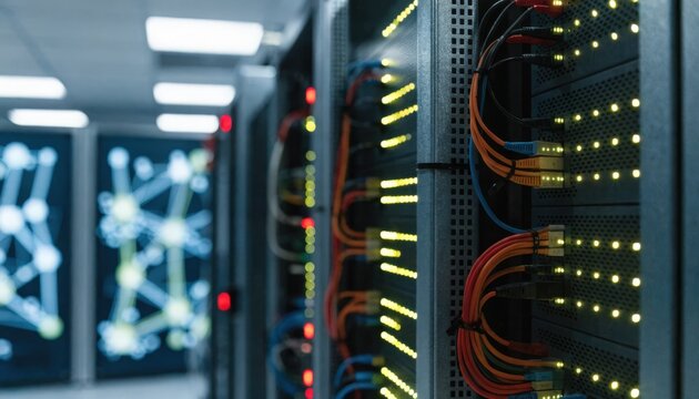 Closeup on a server rack panel with activity indicators lit softfocused digital network topology displayed on wall screens in a blockchain trial lab.