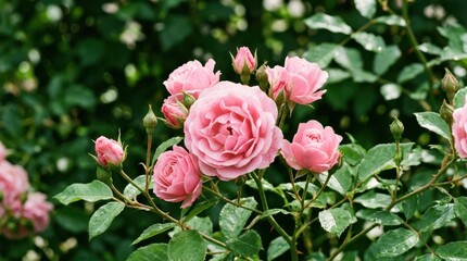 Fototapeta premium Pink roses blooming on a green bush