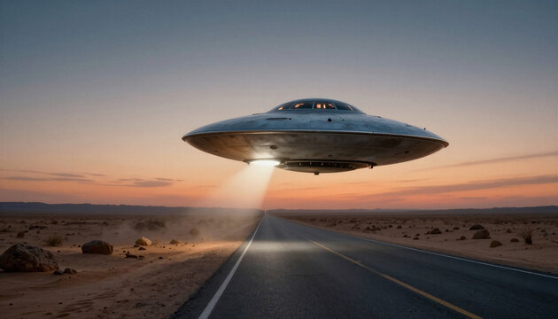 A classic metallic disc-shaped UFO hovering low over a desolate desert road during sunset, casting a bright searchlight beam onto the asphalt. Sci-fi mystery concept art. 