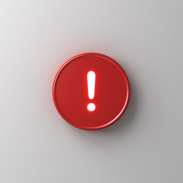 3d red round hazard warning attention sign with white neon light exclamation mark symbol icon isolated on white wall background with shadow 3D rendering