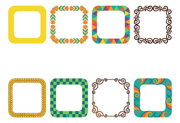 Flat icon set of 8 decorative frame borders featuring ornamental patterns and geometric designs for graphic design