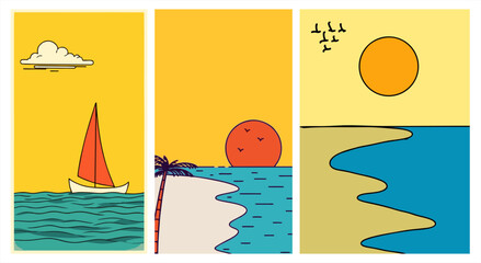 Set of minimalist beach landscape posters with sailboats, palm trees, and sunset in a clean thick line vector style, perfect for summer travel themes © hadi