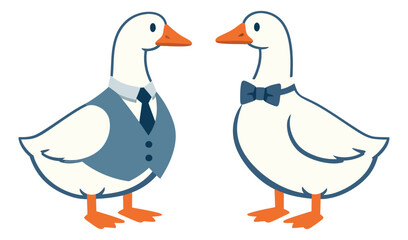 Fototapeta premium Cartoon illustration of two elegant geese wearing formal attire depicting dressed birds for wedding and event design