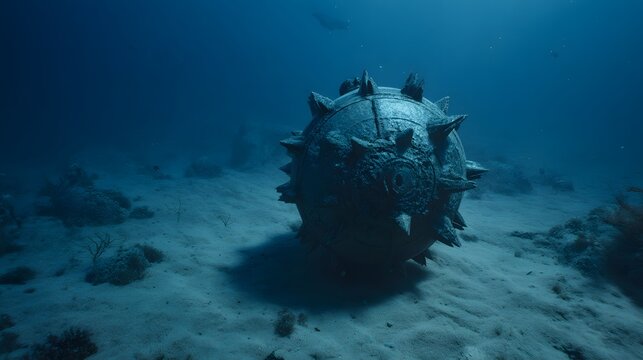 cinematic naval security underwater environment mine device casting shadow on seabed copy space