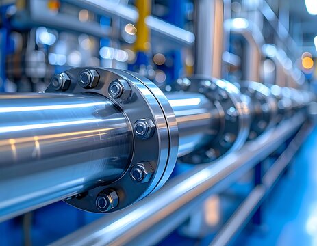 Industrial pipeline with flanges and bolts in a manufacturing plant.